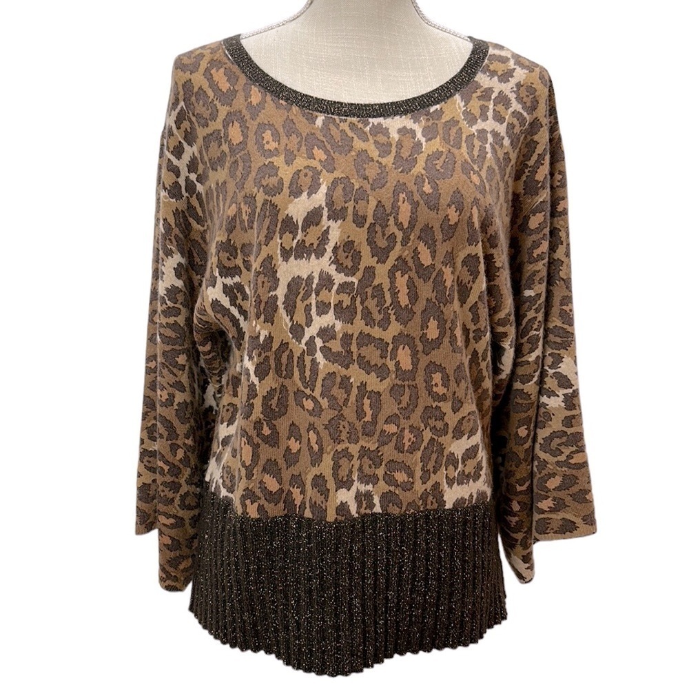 Saks Fifth Avenue 100% Cashmere Leopard Print Kimono Sleeve Sweater Size…